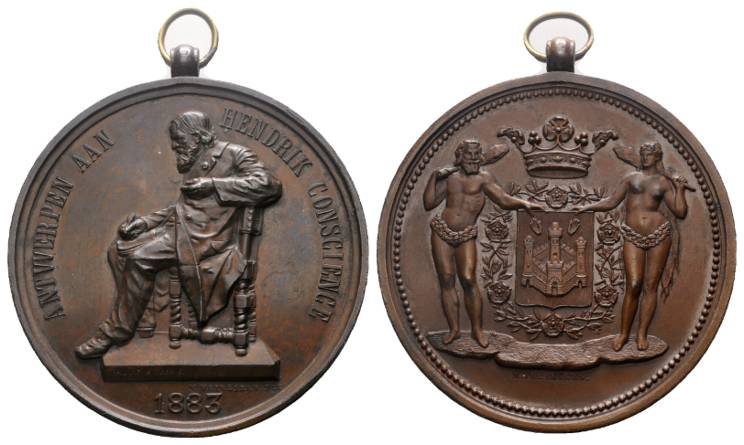  Belgien, Bronzemedaille 1883; Antwerpen Aan, Hendrik Conscience; 124,8 g; Ø 70 mm, tragbar   