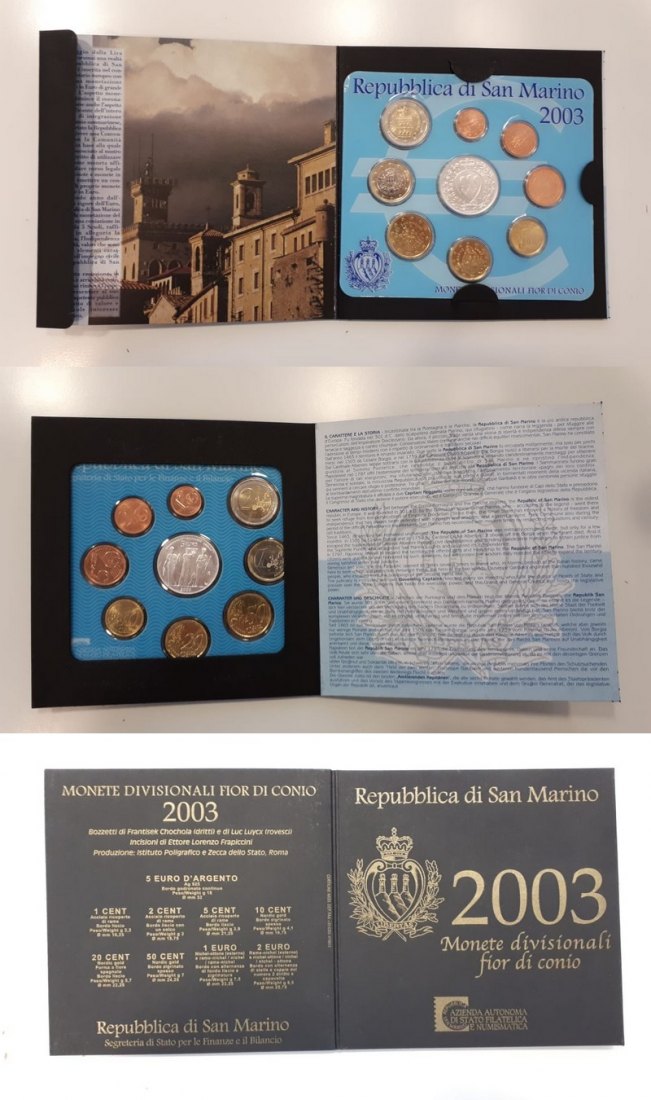  San Marino  Euro-Kursmünzensatz  2003 inkl. 5 Euro Münze FM-Frankfurt Feingewicht: 16,6g Silber   