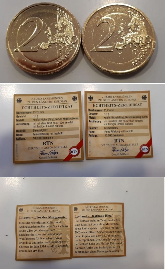  2x 2 Euro-Farbmünzen vergoldet Litauen/Lettland  FM-Frankfurt  vorzüglich   