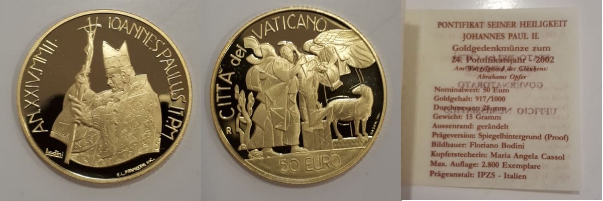  Vatikan  50 EURO  2002  MM-Frankfurt Feingewicht: 13,76g Gold  (Gedenkmünze) PP   