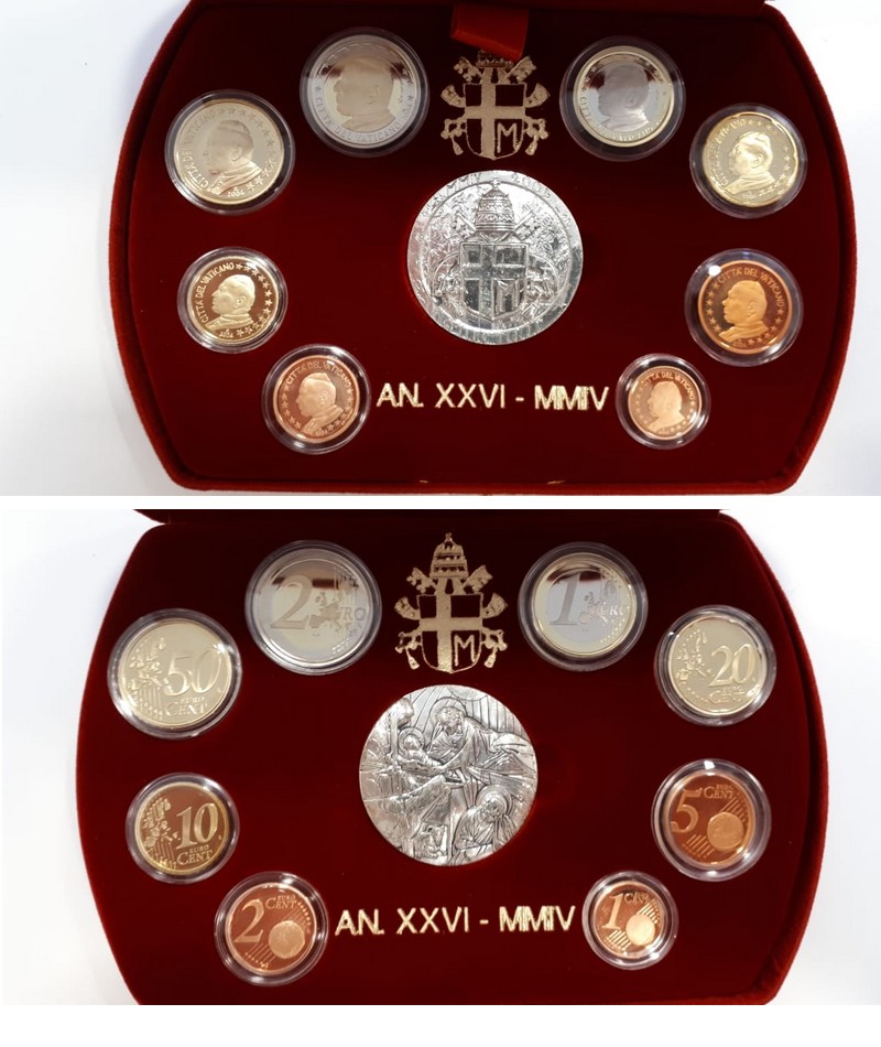  Vatikan Euro-Kursmünzensatz 2004 mit Medaille Feingewicht: 41,63g Silber FM-Frankfurt PP   