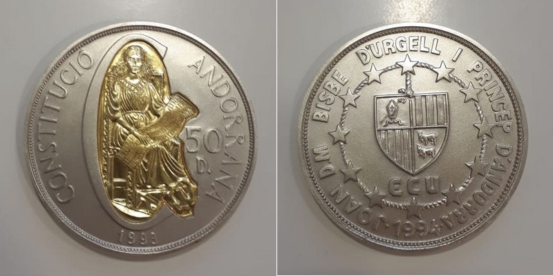  Andorra 50 Dinar 1994  FM-Frankfurt  Feingewicht: 146,15g Silber (mit Goldapplikation)  stempelglanz   