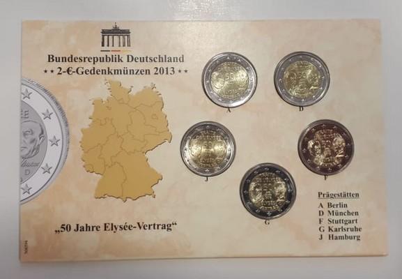  Deutschland   5x 2 Euro 2013 A,D,F,G,J   (Gedenkmünzen)  FM-Frankfurt    stempelglanz   