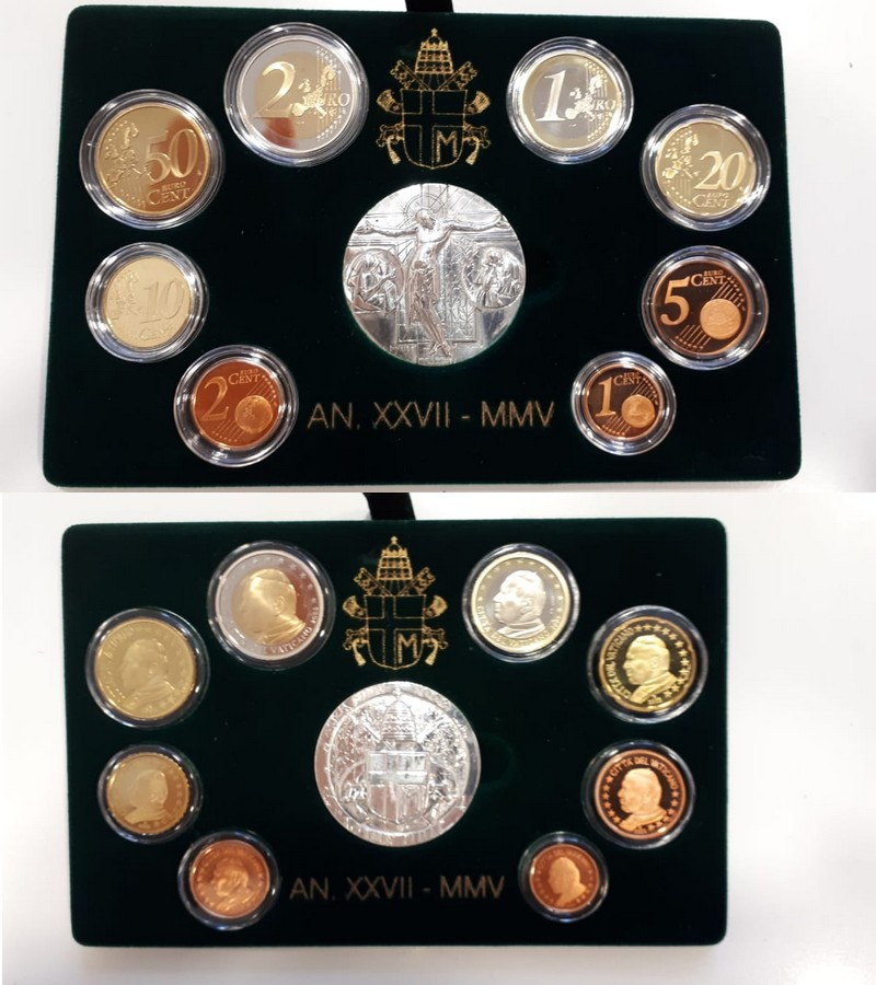  Vatikan Euro-Kursmünzensatz 2005 mit Medaille Feingewicht: 41,63g Silber FM-Frankfurt PP   