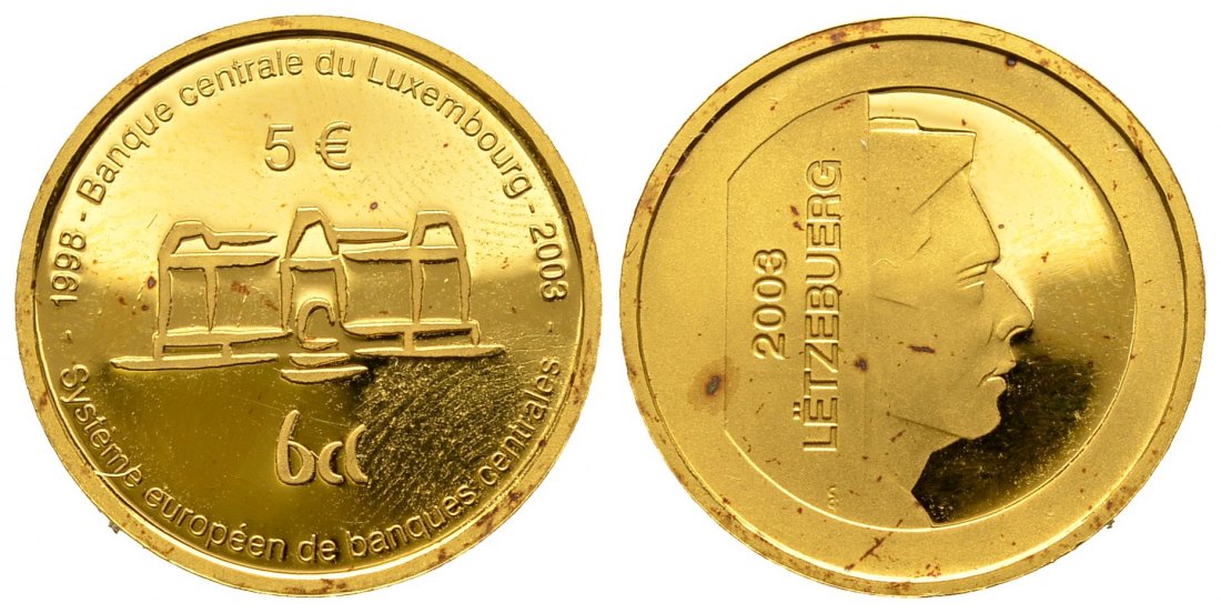PEUS Luxemburg 6,21 g Feingold. Europäische Zentral Bank - Henri incl. Etui 5 Euro GOLD 2003 Rote Flecken, Impaired Proof / Vorzüglic