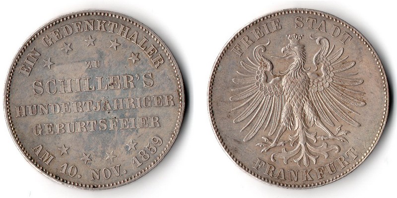  Frankfurt   Vereinstaler  1859  FM-Frankfurt  Feingewicht: 16,67g  Silber vz/sehr schön   