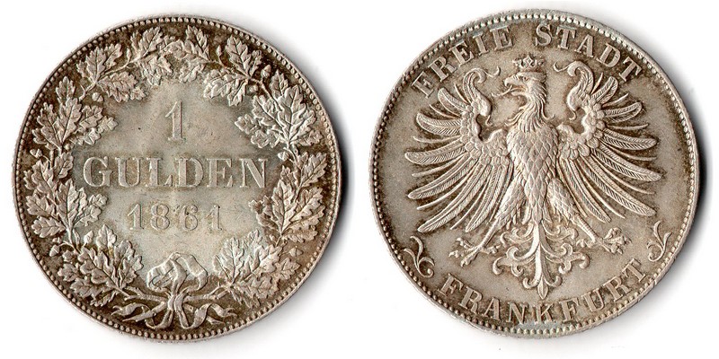  Frankfurt 1 Gulden 1861 FM-Frankfurt  Feingewicht: 9,54g  Silber  sehr schön/vz   