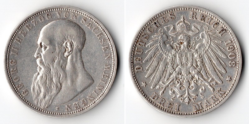  Sachsen-Meiningen, Kaiserreich  3 Mark  1908 D   FM-Frankfurt Feingewicht: 15g Silber ss   