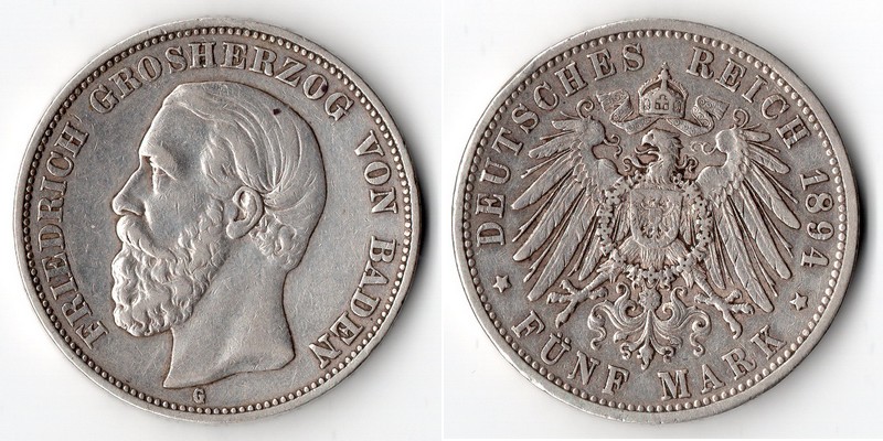  Baden, Kaiserreich  5 Mark  1894 G  FM-Frankfurt Feingewicht: 25g Silber sehr schön   