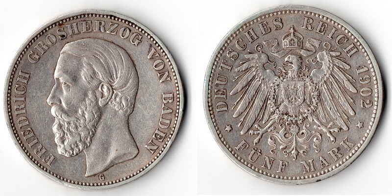  Baden, Kaiserreich  5 Mark  1902 G  FM-Frankfurt/M Feingewicht: 25g Silber sehr schön   