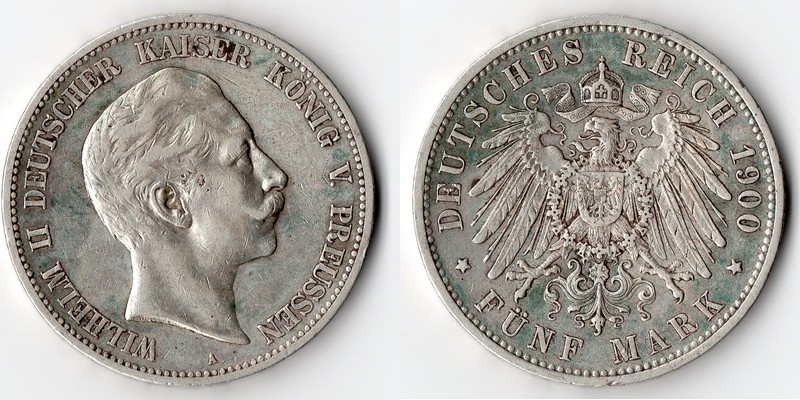 Preussen, Kaiserreich  5 Mark  1900 A  FM-Frankfurt Feingewicht: 25g Silber  sehr schön   