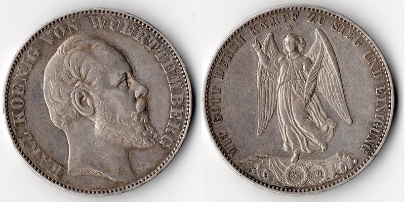  Württemberg, Vereinstaler 1871  FM-Frankfurt  Feingewicht: 16,65g Silber  sehr schön   