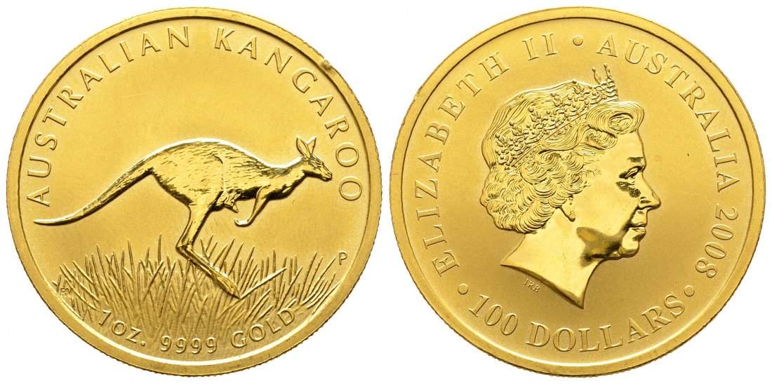 PEUS 9369 Australien 31,1 g Feingold. Känguru im Grasland 100 Dollars GOLD Unze 2008P Randfehler, kl. Kratzer, vorzüglich