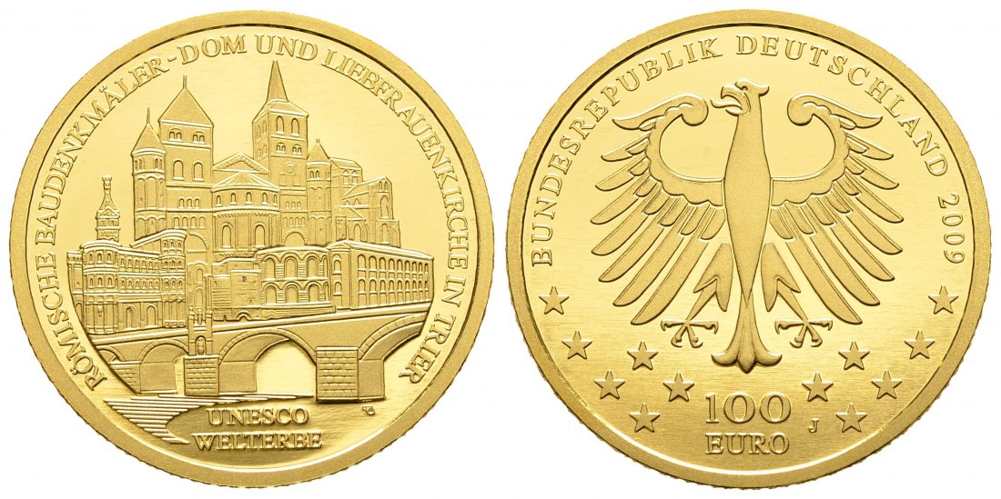 PEUS 9374 BRD 15,55 g Feingold. Trier OHNE Etui + Zertifikat 100 Euro GOLD 2009 J Hamburg Stempelglanz (Kapsel)