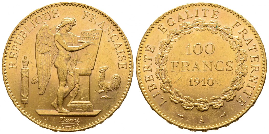 PEUS 9403 Frankreich 29,03 g Feingold. 3. Republik (1870-1940) 100 Francs GOLD 1910 A Paris Kl. Kratzer, Vorzüglich