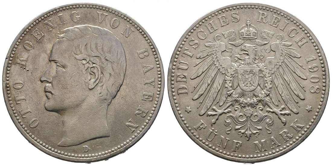 PEUS 9404 Kaiserreich - Bayern Otto (1886 - 1913) 5 Mark 1908 D München Sehr schön