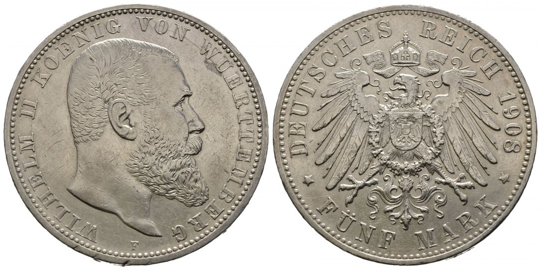 PEUS 9409 Kaiserreich - Württemberg Wilhelm II. (1891 - 1918) 5 Mark 1908 F Stuttgart Kl. Randfehler,Sehr schön / Sehr schön +