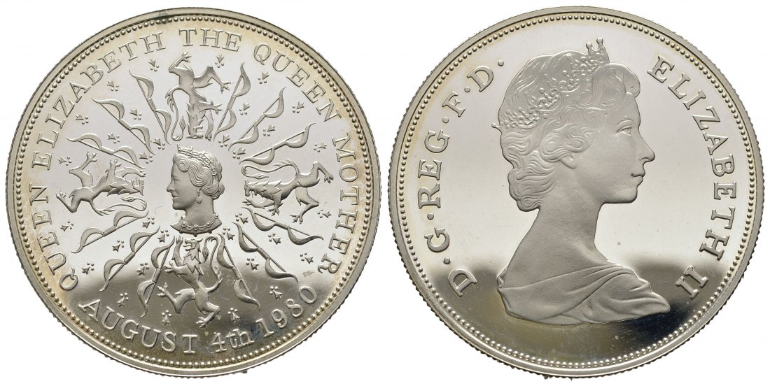 PEUS 9391 Großbritannien g Feinsilber. 80. Geburtstag Queen Mom 25 New Pence / Crown SILBER 1980 Proof