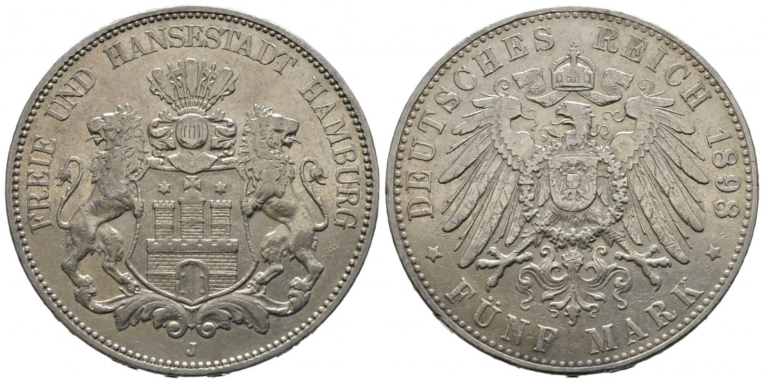PEUS 9426  Kaiserreich - Hamburg  5 Mark 1898 J Sehr schön