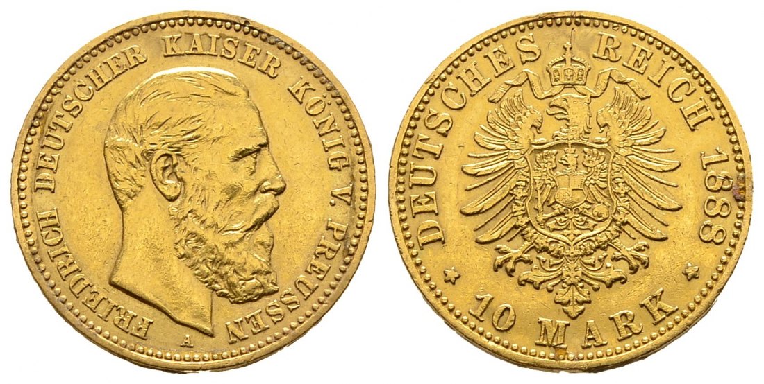 PEUS 9438 Kaiserreich - Preußen 3,58 g Feingold. Friedrich III. (09.03.- 15.06.1888) 10 Mark GOLD 1888 A Kratzer, sehr schön