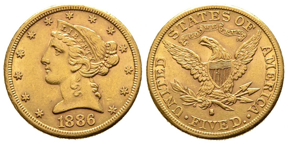 PEUS 9443 USA 7,52 g Feingold. Coronet Head 5 Dollars GOLD 1886 S Sehr schön
