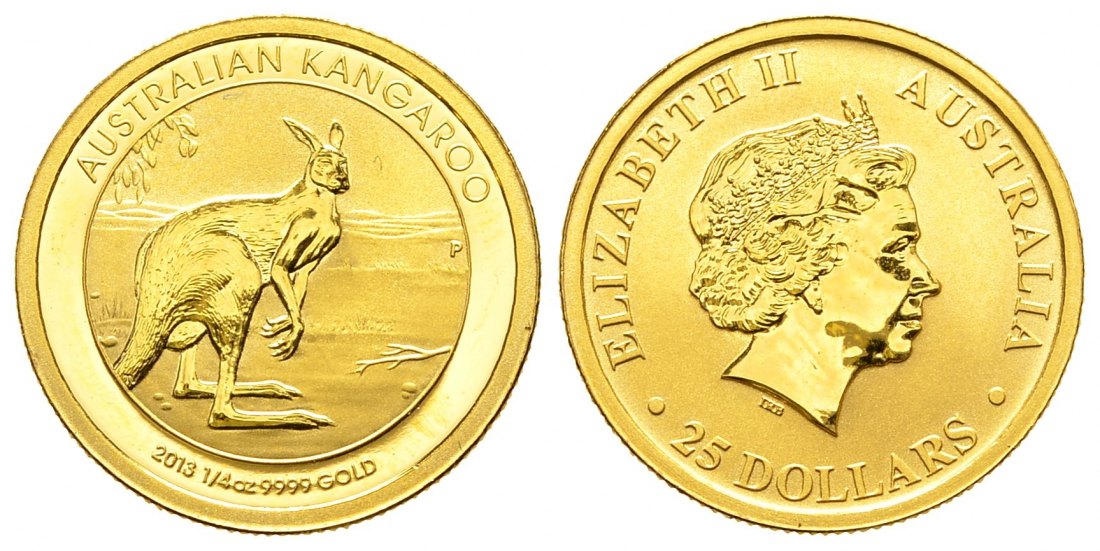 PEUS 9457 Australien 7,78 g Feingold. Känguru nach rechts 25 Dollars GOLD 1/4 Unze 2013 P Uncirculated (in Kapsel)