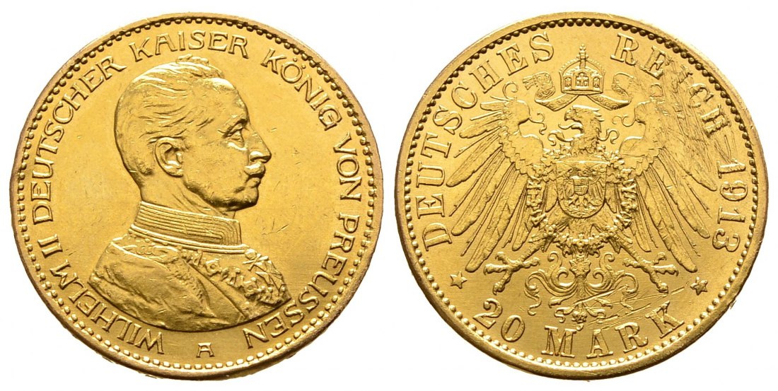 PEUS 9459 Preußen - Kaiserreich 7,17 g Feingold. Kaiser Wilhelm II. (1888 - 1918) in Kürassieruniform 20 Mark GOLD 1913 A Fast Vorzüglich