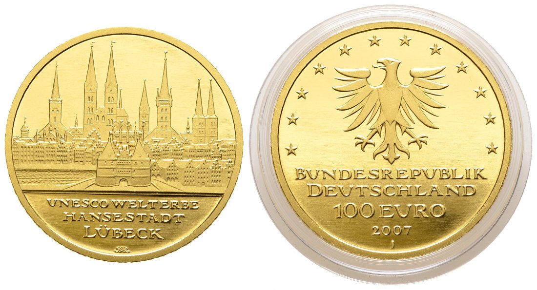 PEUS 9461 BRD 15,55 g Feingold. Lübeck Holstentor OHNE Etui + Zertifikat 100 Euro GOLD 2007 J Hamburg Stempelglanz (in Kapsel)