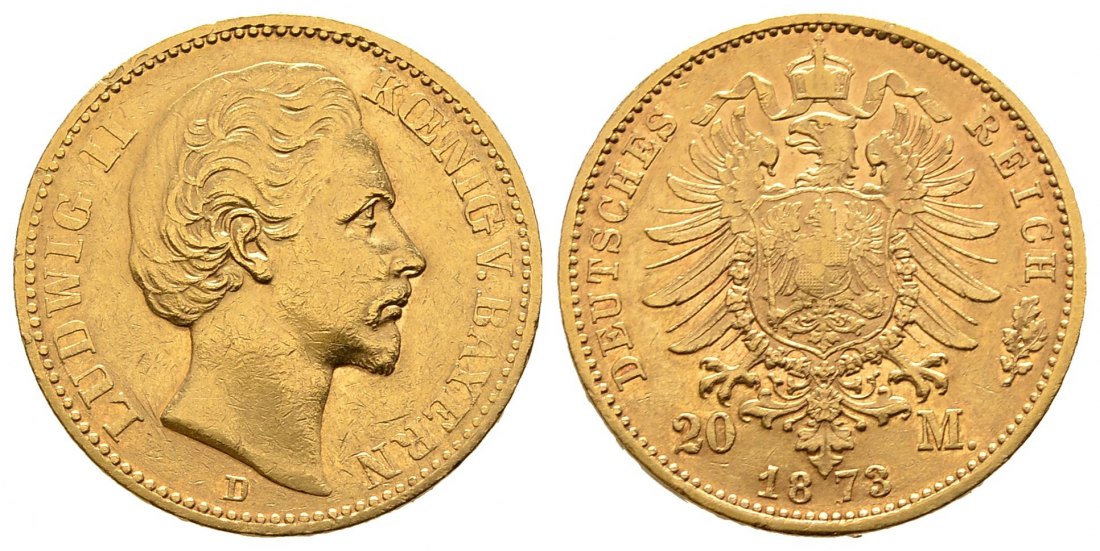 PEUS 9471 Kaiserrreich - Bayern 7,17 g Feingold. Ludwig II. (1864 - 1886) 20 Mark GOLD 1873 D München Sehr schön