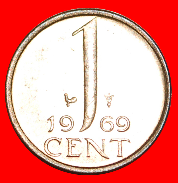  # PORTRAIT RIGHT: NETHERLANDS ★ 1 CENT 1969 COCK PATINA UNC MINT LUSTER! LOW START★NO RESERVE!   