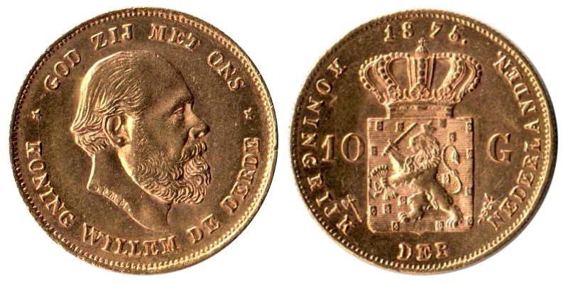 Niederlande MM-Frankfurt Feingold: 6,06g 10 Gulden 1875 König Willem III.