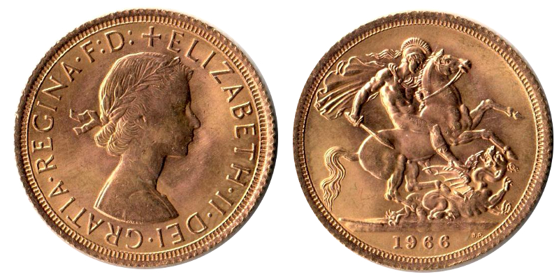 Grossbritannien MM-Frankfurt Feingold: 7,32g Sovereign 1966 Elisabeth II. - St.George slaying dragon