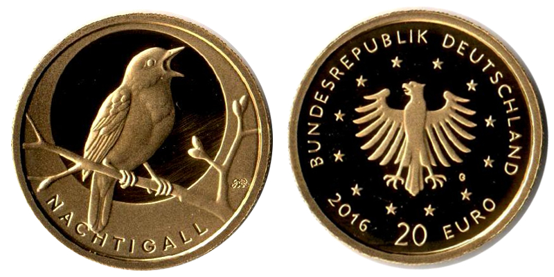 BRD MM-Frankfurt Feingold: 3,88g 20 Euro 2016 G Native birds - Nightingale