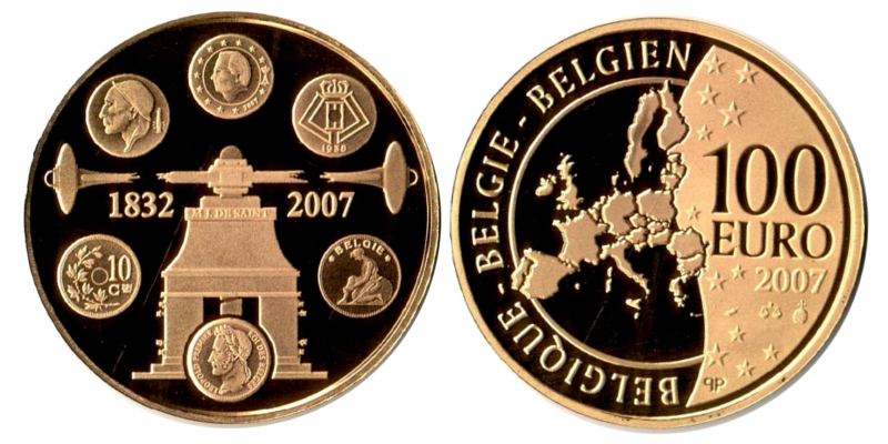 Belgien MM-Frankfurt  Feingold: 15,55g 100 Euro 2007 175 years coinage in Belgium