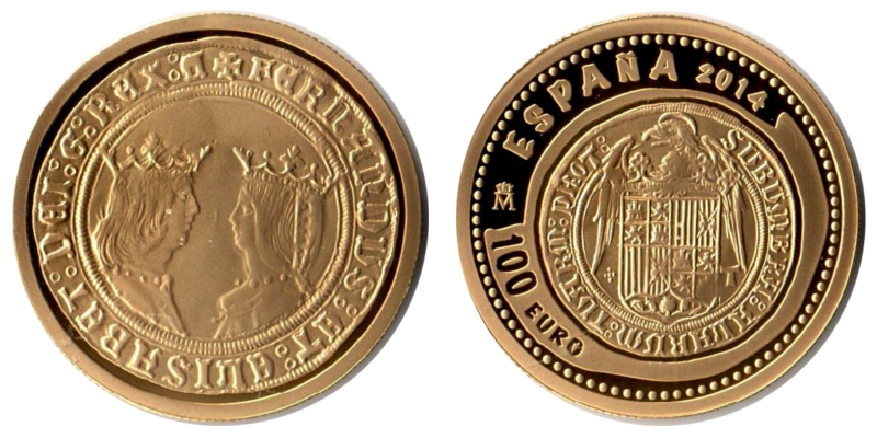 Spanien MM-Frankfurt Feingold: 6,74g 100 Euro 2014 Catholic Monarchs -Isabell I a Ferdinand