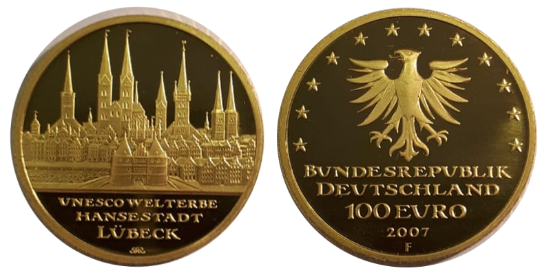 BRD MM-Frankfurt  Feingold: 15,55g 100 Euro 2007 F Unesco World Heritage Hanseatic Lübeck