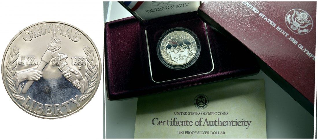 PEUS 9514 USA 24,06 g Feinsilber incl. Originalverpackungen + Zertifikate Silver Dollar Olympic Coin 1988 S Proof