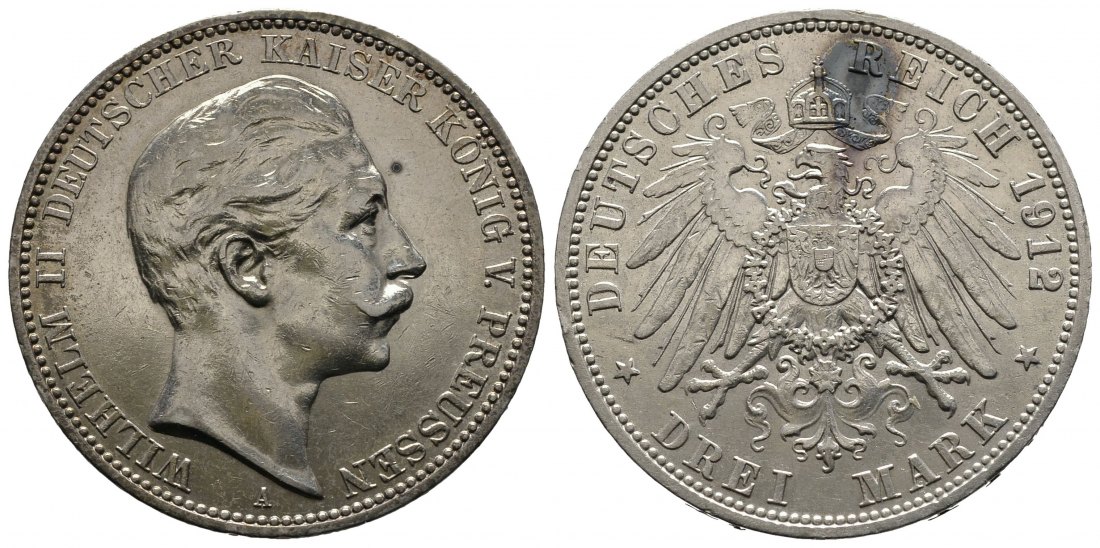 PEUS 9482 Preußen - Kaiserreich Wilhelm II. (1891 - 1918) 3 Mark 1912 A Fleckig, Sehr schön