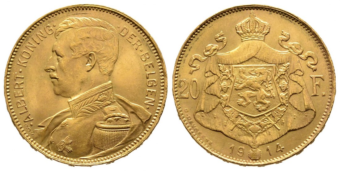 PEUS 9487 Belgien 5,81 g Feingold. Albert (1909 - 1934) 20 Francs GOLD 1914 Kl. Kratzer, fast Vorzüglich