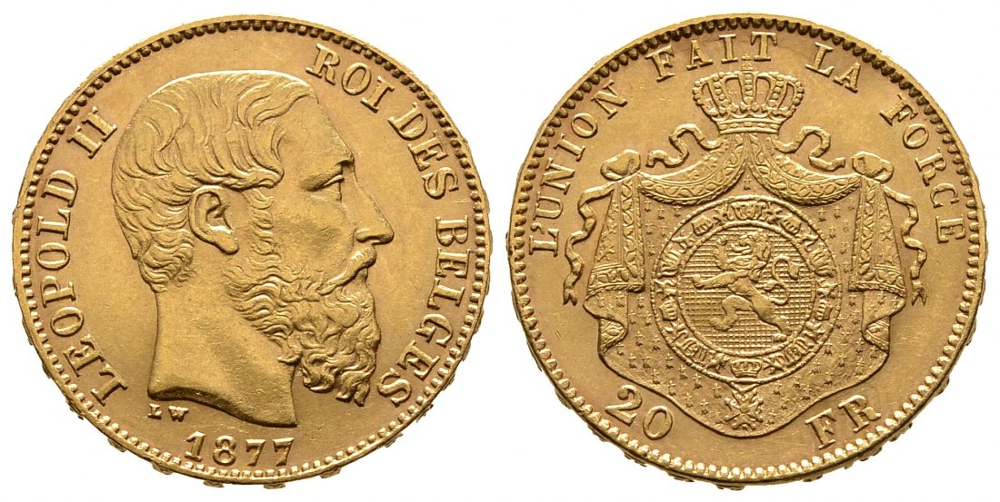 PEUS 9488 Belgien 5,81 g Feingold. Leopold II. (1865-1909) 20 Francs GOLD 1877 Sehr schön +