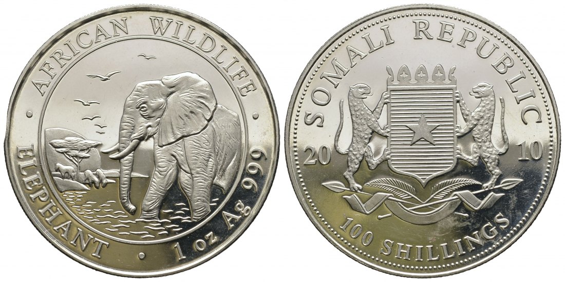 PEUS 9496 Somalia 31,1 g Feinsilber. Afrikanische Elefant im Wasserloch 100 Shillings SILBER Unze 2010 Uncirculated (in Kapsel)