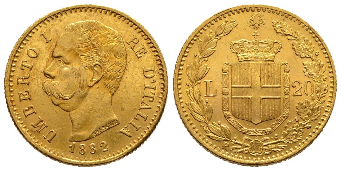 PEUS 9501 Italien 5,81 g Feingold. Umberto I. (1878 - 1900) 20 Lire GOLD 1882 R Rom Sehr schön