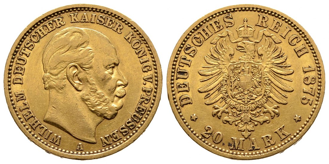 PEUS 9503 Kaiserreich - Preußen 7,17 g Feingold. Wilhelm I. (1861 - 1888) 20 Mark GOLD 1875 A Berlin Sehr schön