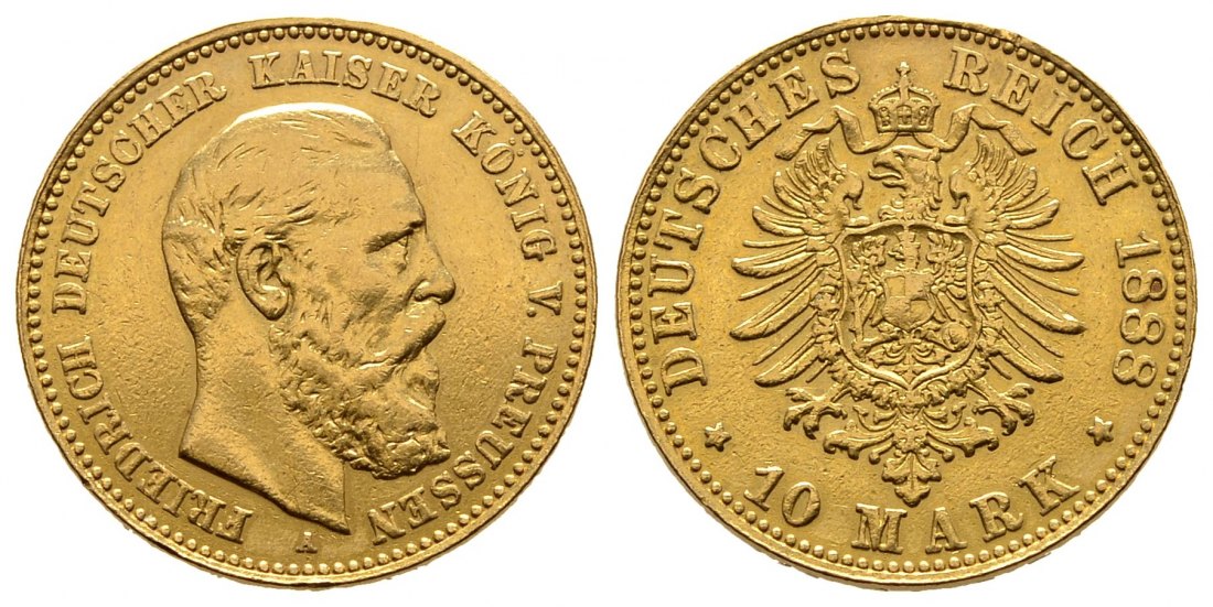PEUS 9504 Kaiserreich - Preußen 3,58 g Feingold. Friedrich III. (09.03.- 15.06.1888) 10 Mark GOLD 1888 A Randfehler, sehr schön