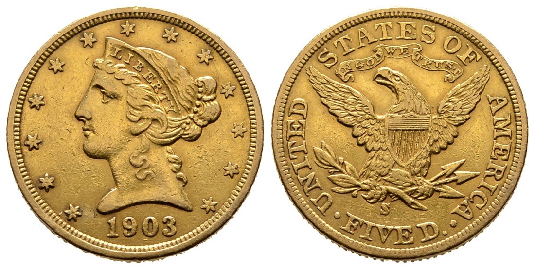PEUS 9507 USA 7,52 g Feingold. Coronet Head 5 Dollars GOLD 1903 S Sehr schön