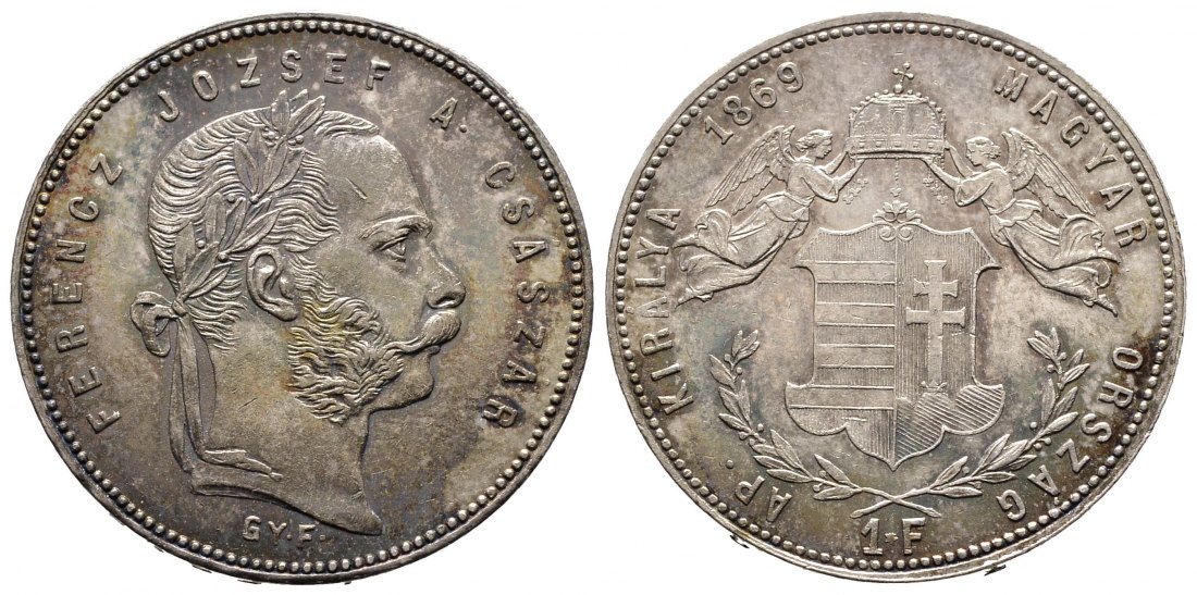 PEUS 9510 Ungarn 11,11 g Feinsilber. Franz Joseph I. (1848 - 1916) Forint / Gulden SILBER 1869 GYF Karlsbu Schöne Patina, Sehr schön +