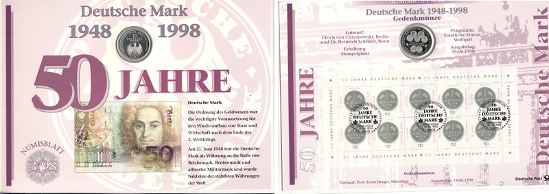  Deutschland  10 Mark (Numisblatt) 1998  FM-Frankfurt  Feingewicht: 14,33g  Silber stgl.   