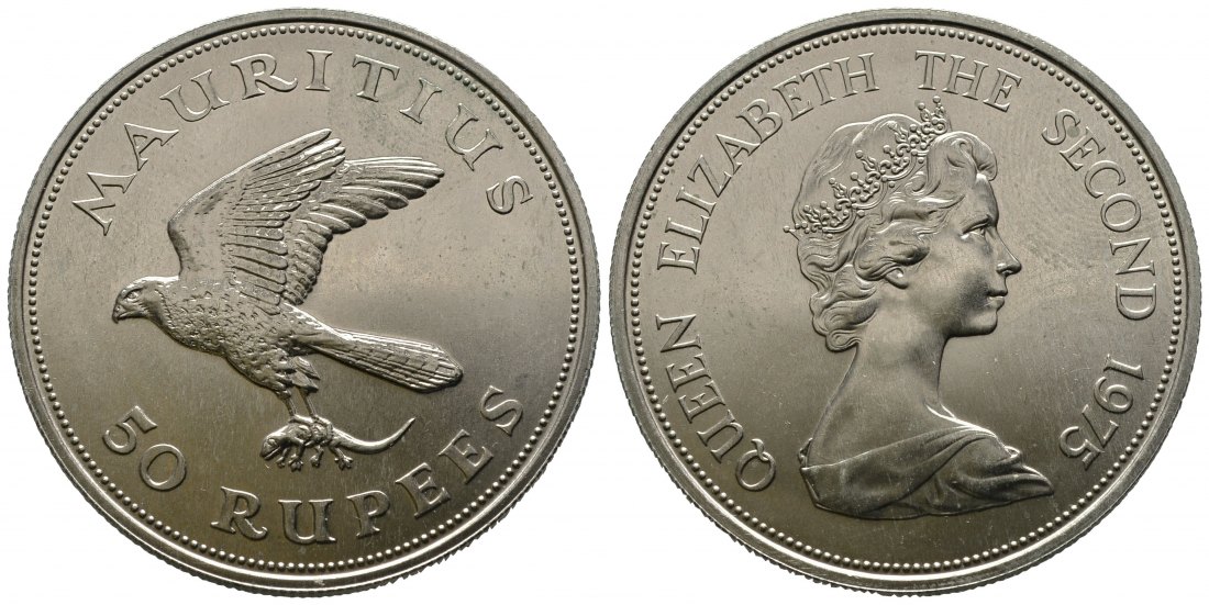 PEUS 9533 Mauritius 16,08 g Feinsilber. Mauritiusfalke 50 Rupees SILBER 1975 Uncirculated