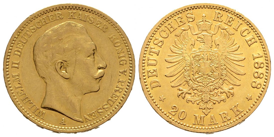 PEUS 9553 Preußen - Kaiserreich 7,17 g Feingold. Wilhelm II. (1888 - 1918) 20 Mark GOLD 1888 A Kratzer, Sehr schön