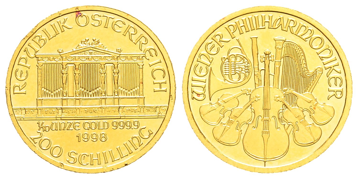 PEUS 9558 Österreich 3,11 g Feingold. Wiener Philharmoniker 200 Schilling GOLD 1/10 Unze 1998 Kl. Rote Flecken, fast Stempelglanz